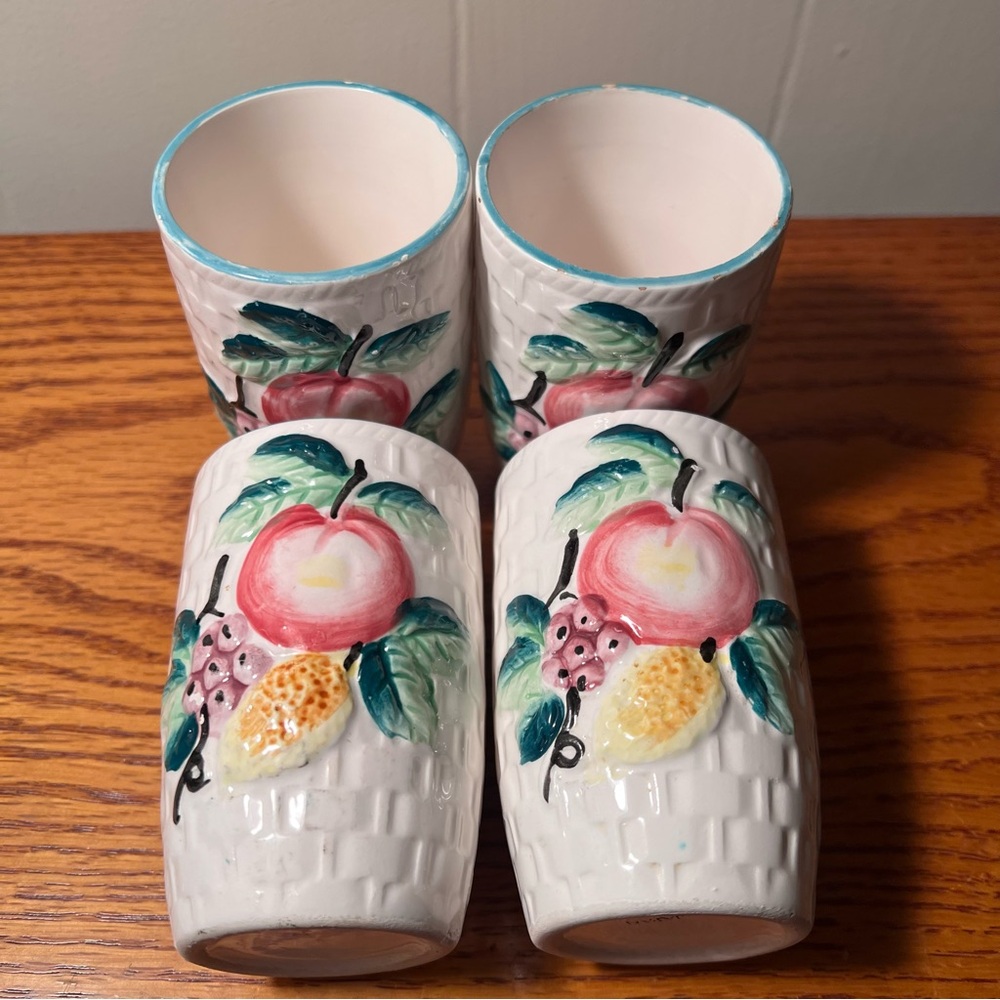 Vintage Majolica Fruit Embossed Ceramic Juice Glasses Set of 4